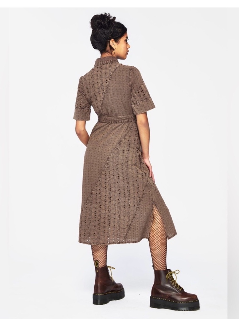 Disturbia Taupe Brown Eyelet Midi Shirt Dress with Tie Waist - Picture 5 of 5